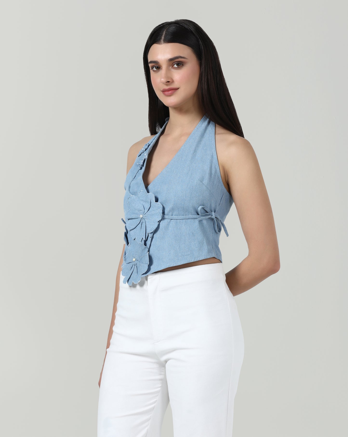Denim Petal Wrap Up Top