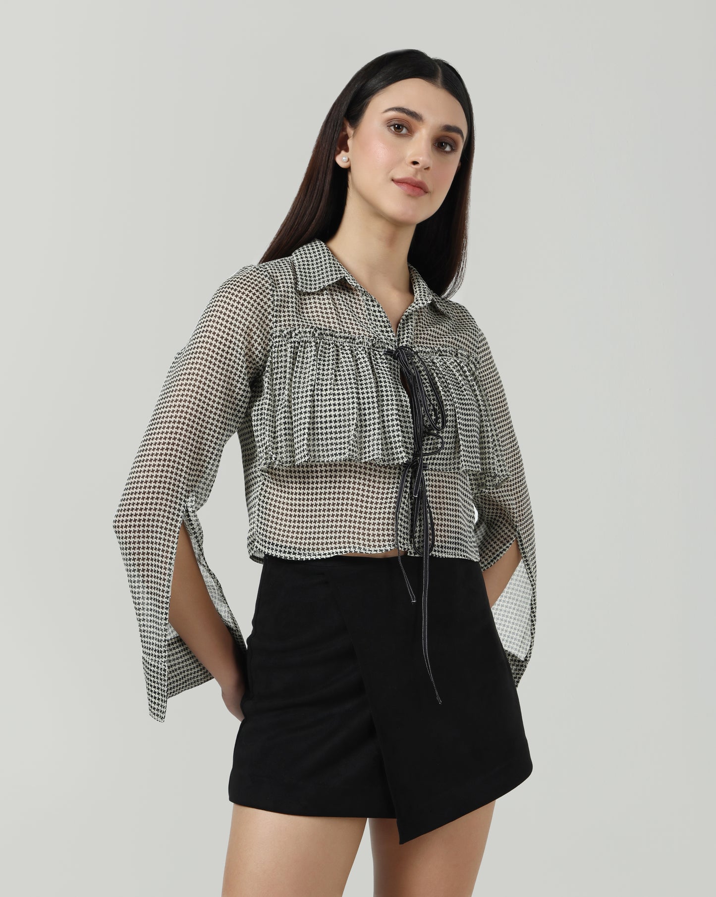 Houndstooth Ruffle Tie Up Shirt
