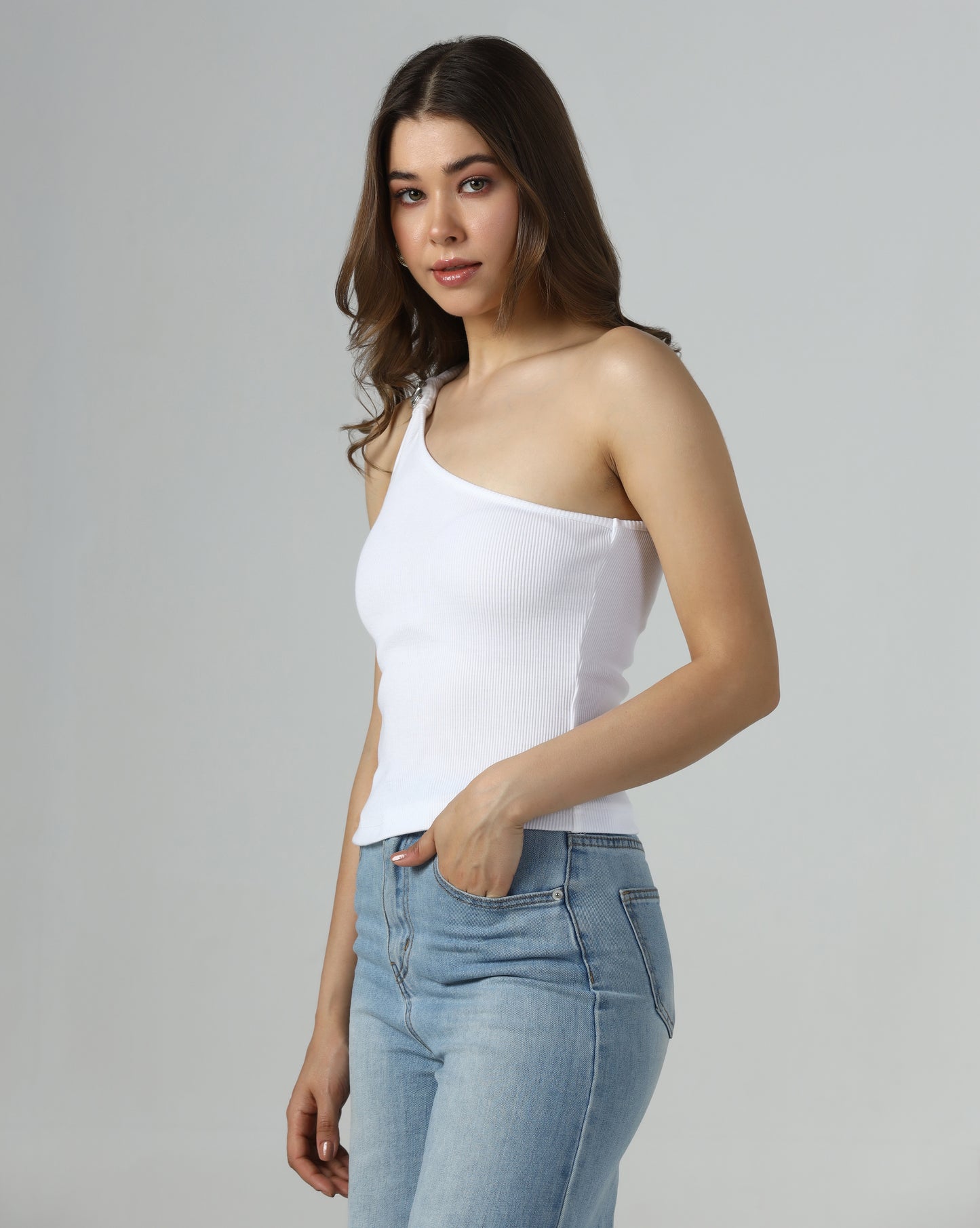 Embellished One-Shoulder Ribbed Top