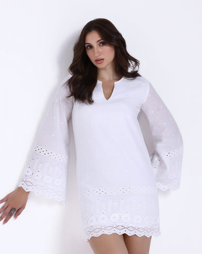 Ivory Bell Sleeve Schiffli Dress