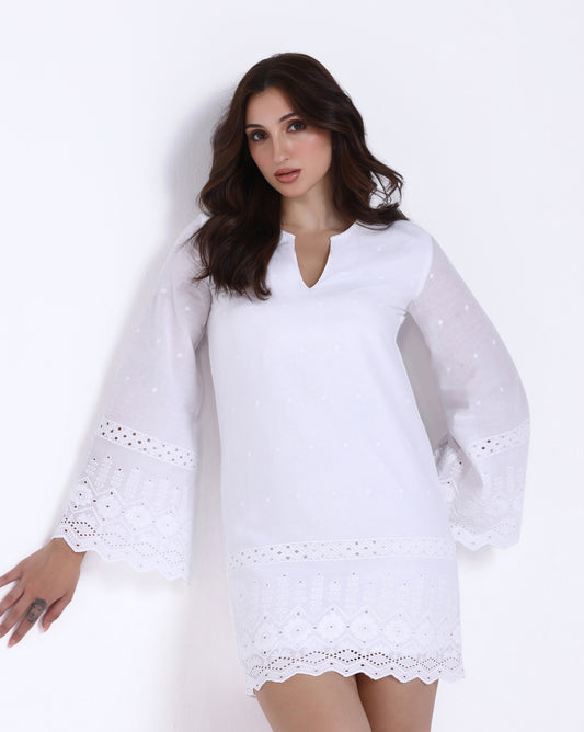 Ivory Bell Sleeve Schiffli Dress