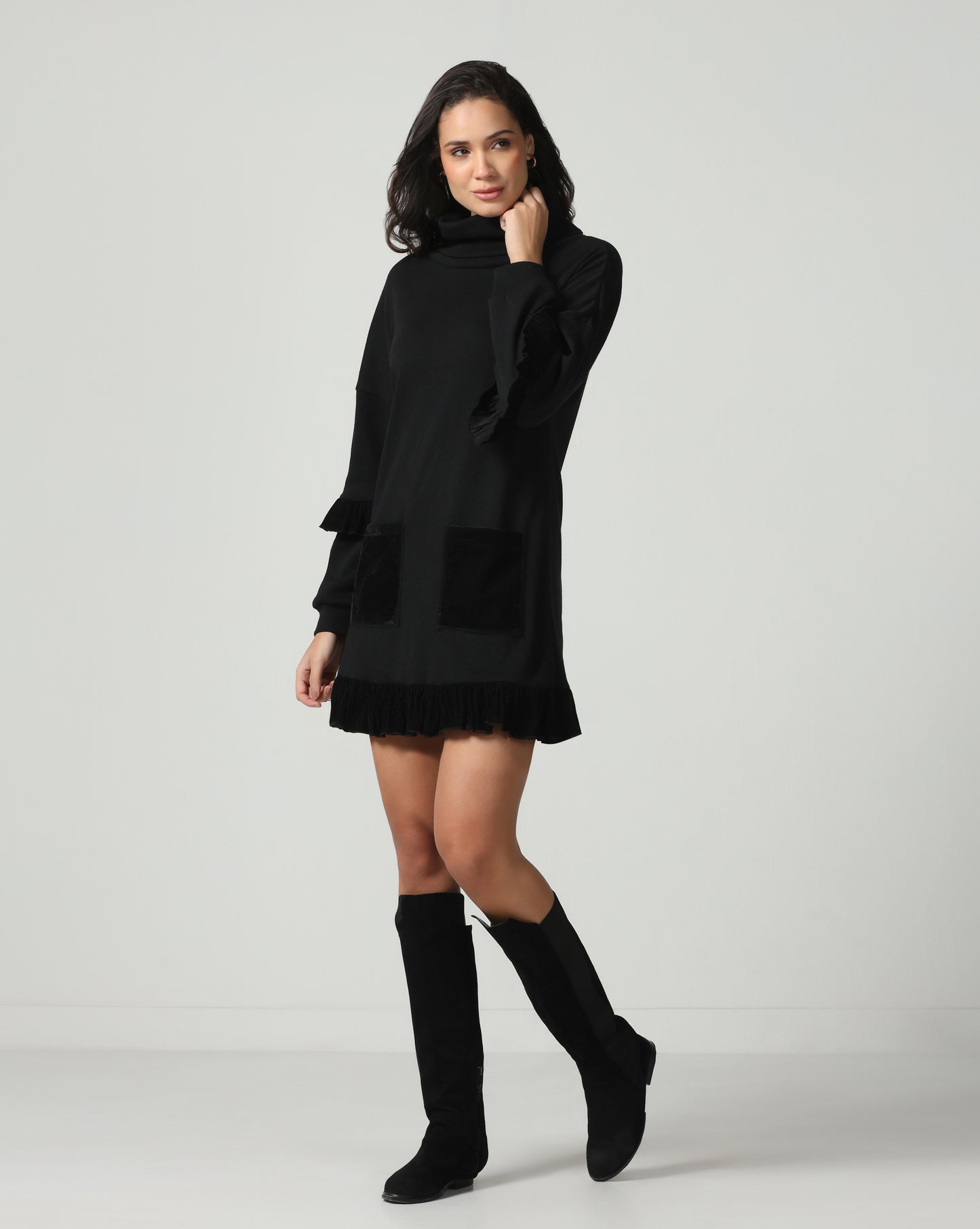 Velvet Ruffle Sweater Dress