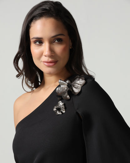 Metallic Petal One-Shoulder Dress