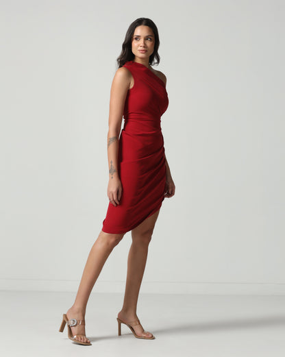 Crimson Sculpt One-Shoulder Dress