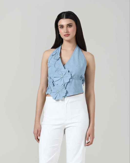 Denim Petal Wrap Up Top