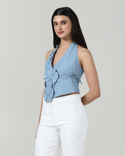 Denim Petal Wrap Up Top