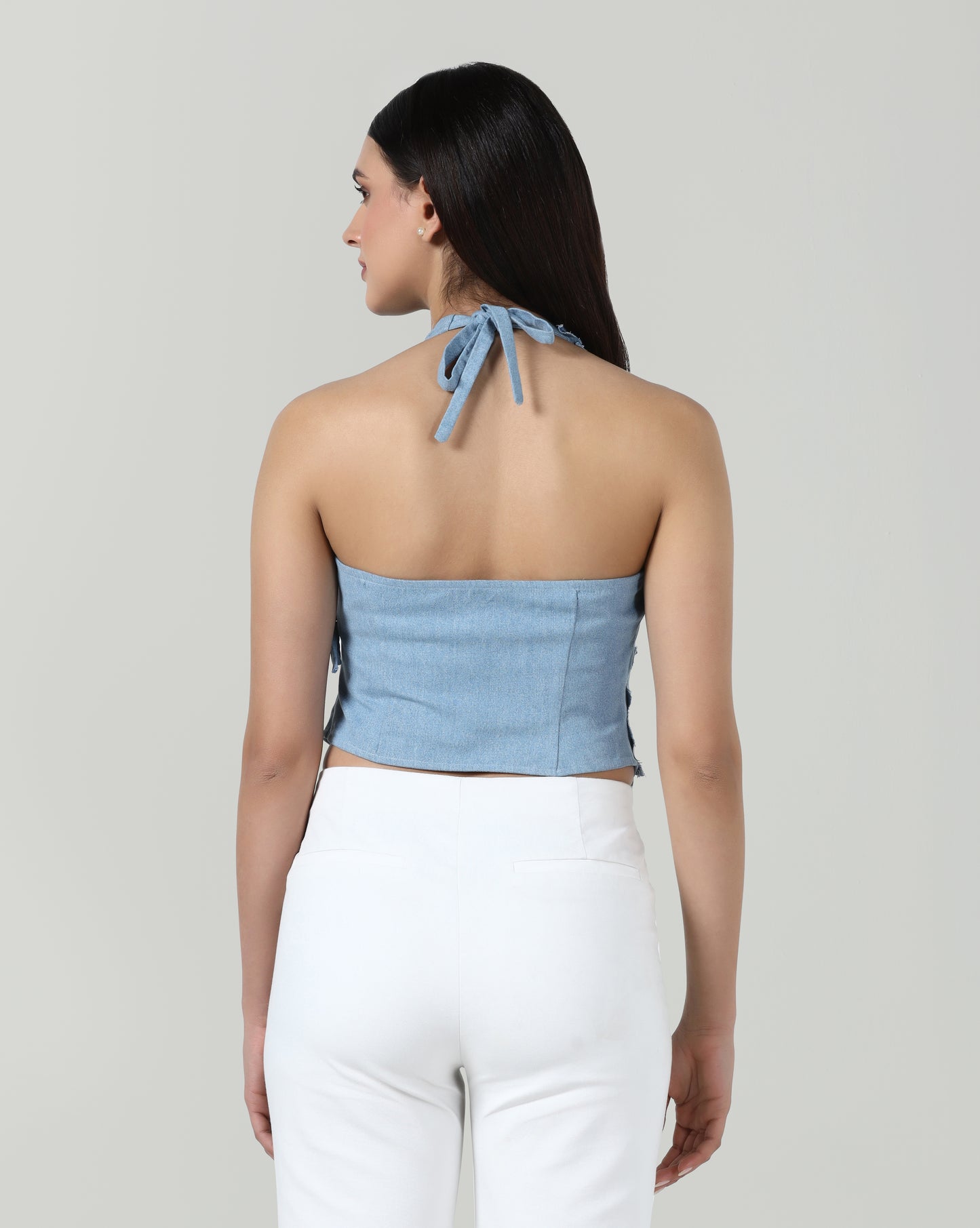 Denim Petal Wrap Up Top