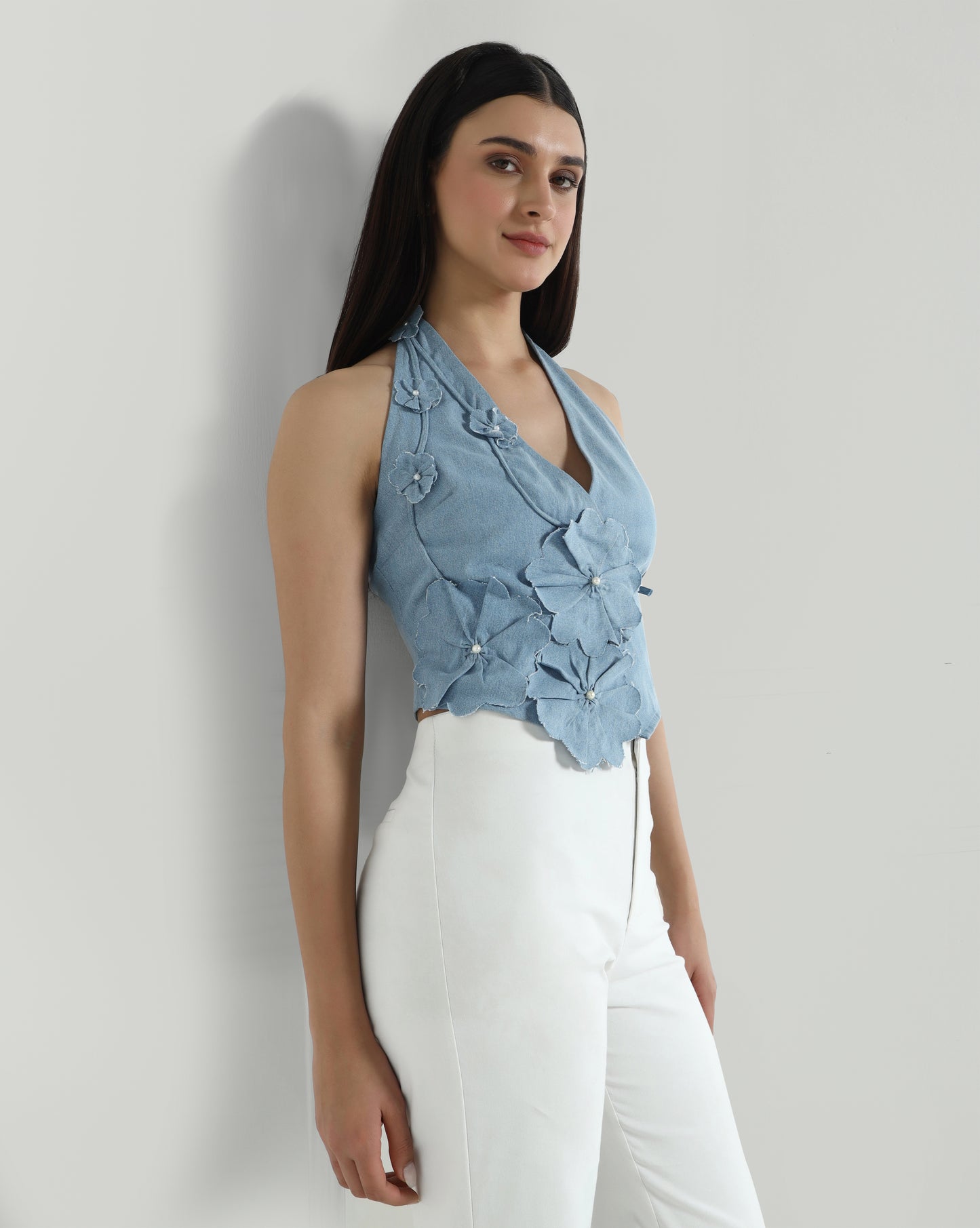 Denim Petal Wrap Up Top