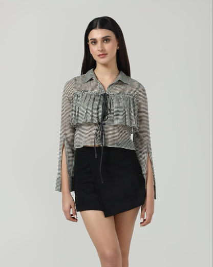Houndstooth Ruffle Tie Up Shirt