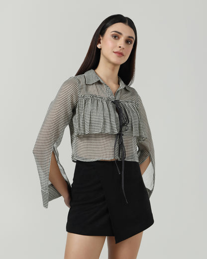 Houndstooth Ruffle Tie Up Shirt