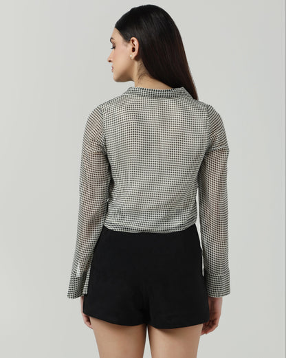Houndstooth Ruffle Tie Up Shirt