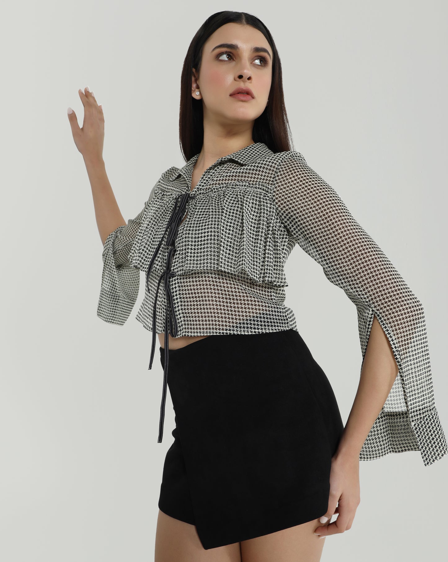 Houndstooth Ruffle Tie Up Shirt