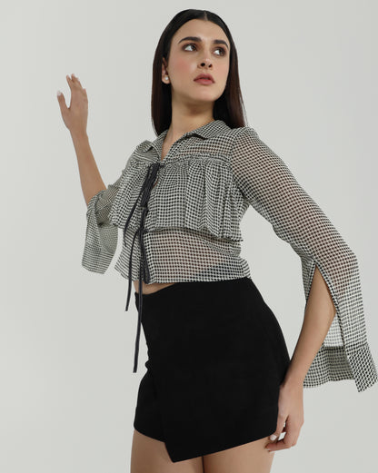 Houndstooth Ruffle Tie Up Shirt