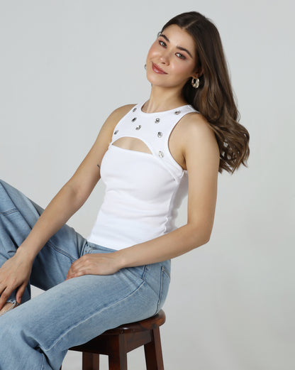 Stone Cutout Ribbed Tank