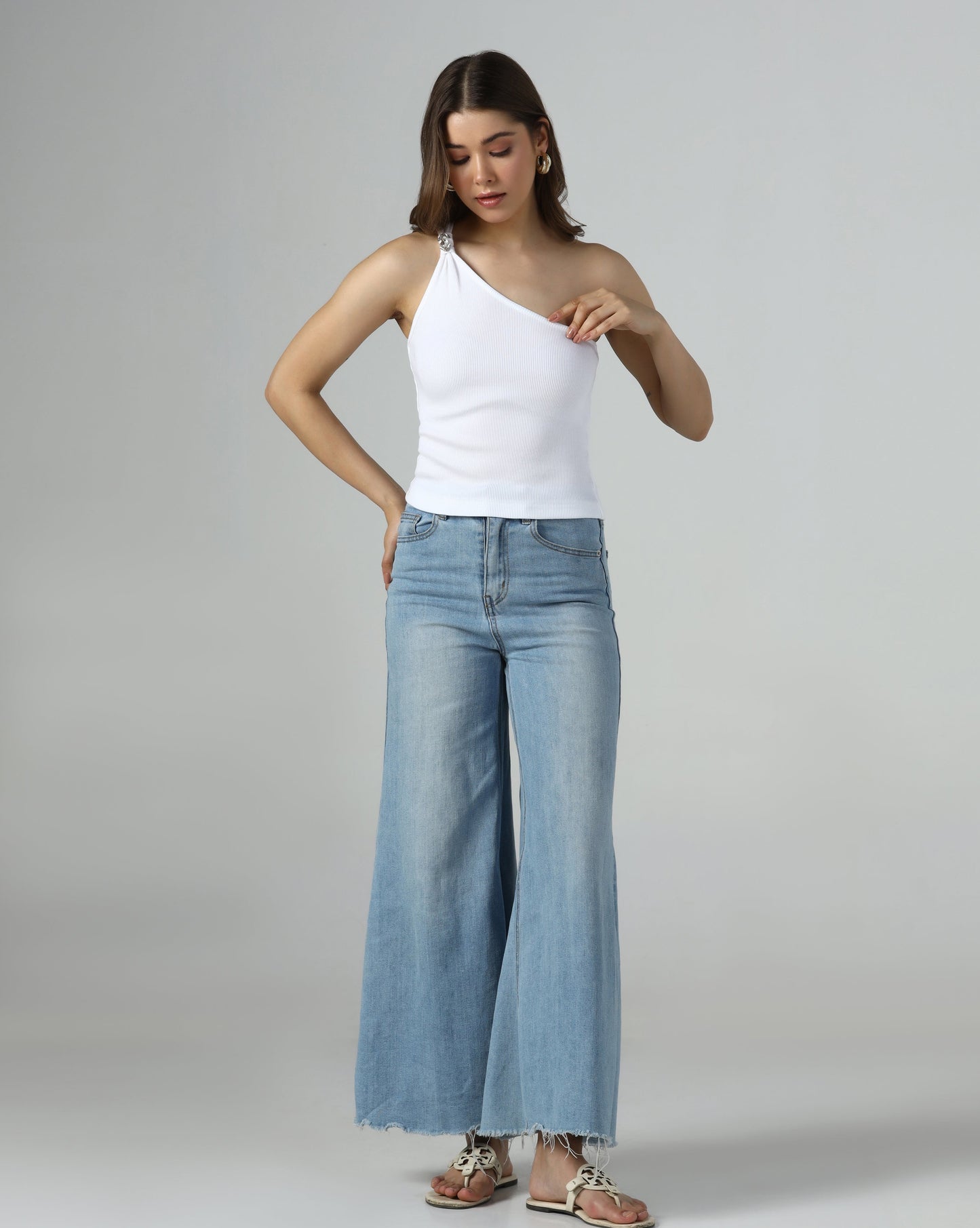 Embellished One-Shoulder Ribbed Top