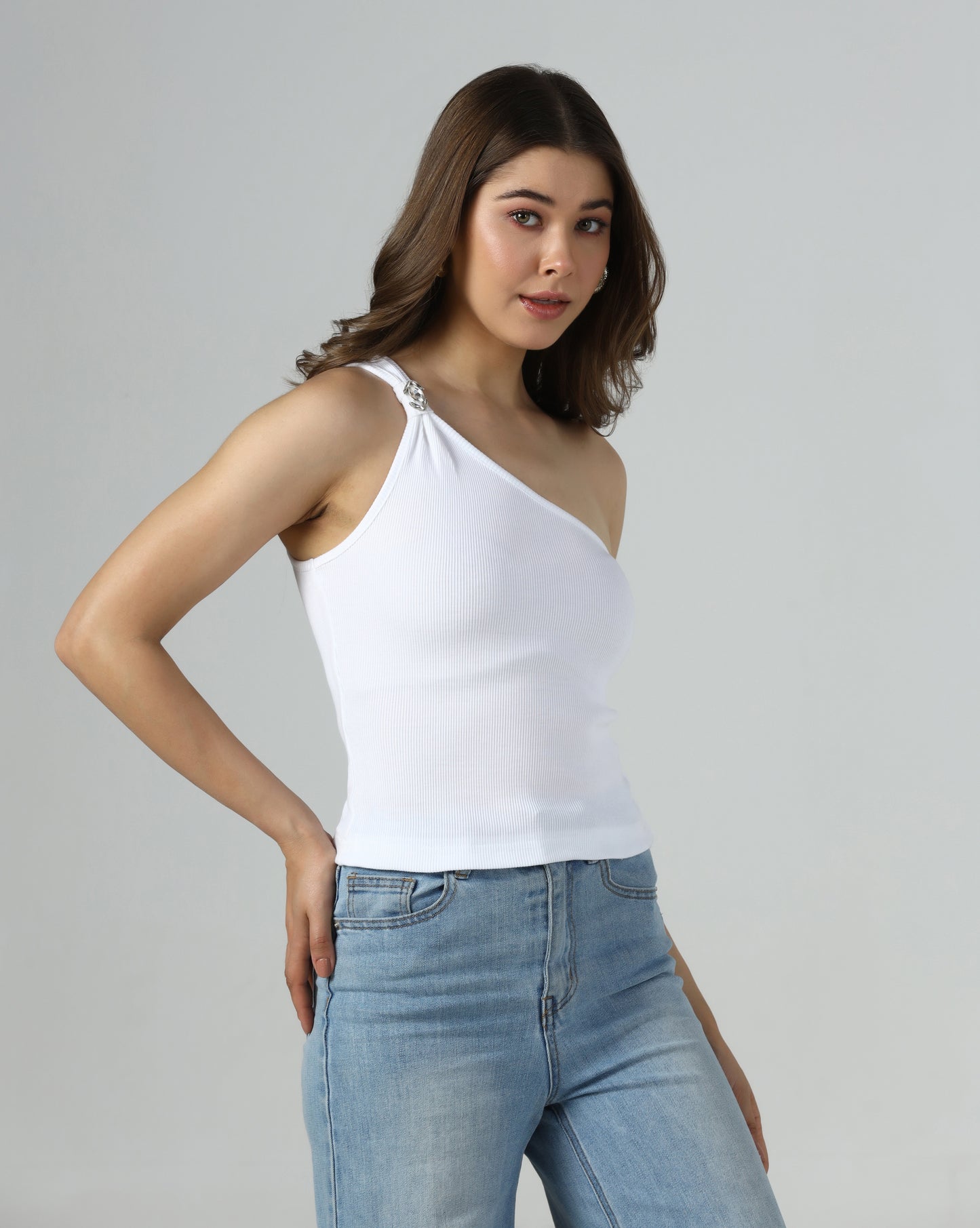 Embellished One-Shoulder Ribbed Top