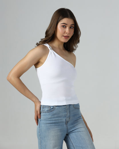Embellished One-Shoulder Ribbed Top