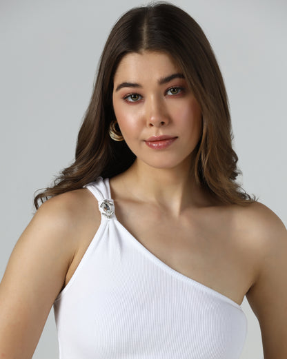 Embellished One-Shoulder Ribbed Top