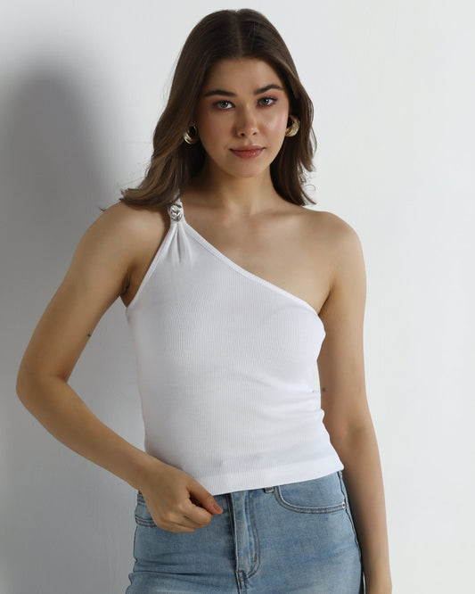 Embellished One-Shoulder Ribbed Top
