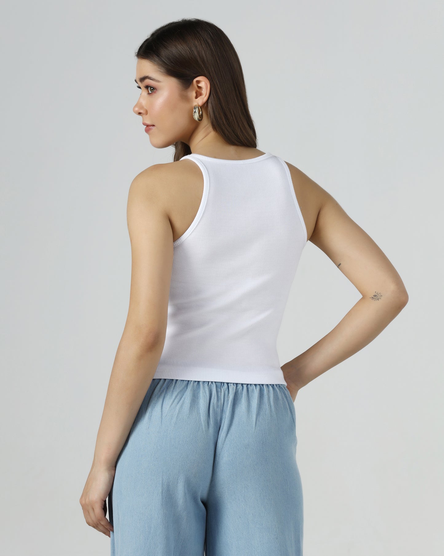 Denim Floral Detail Rib Tank