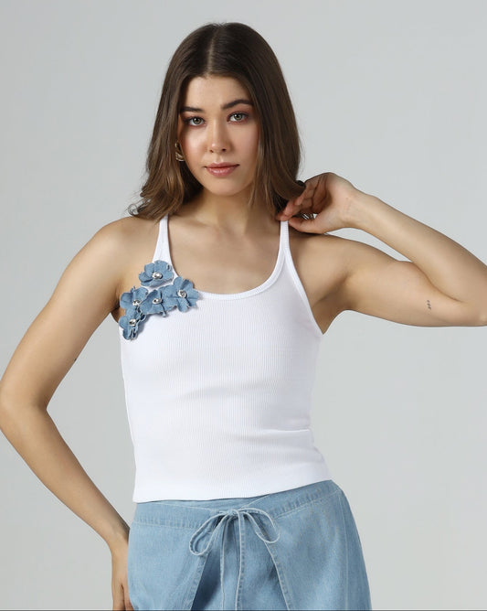 Denim Floral Detail Rib Tank
