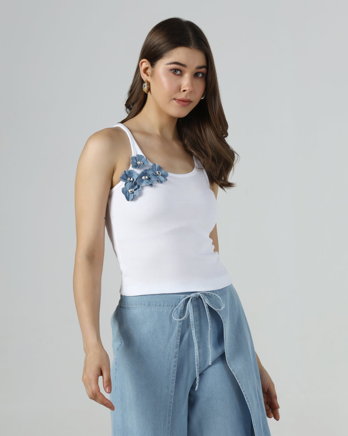 Denim Floral Detail Rib Tank