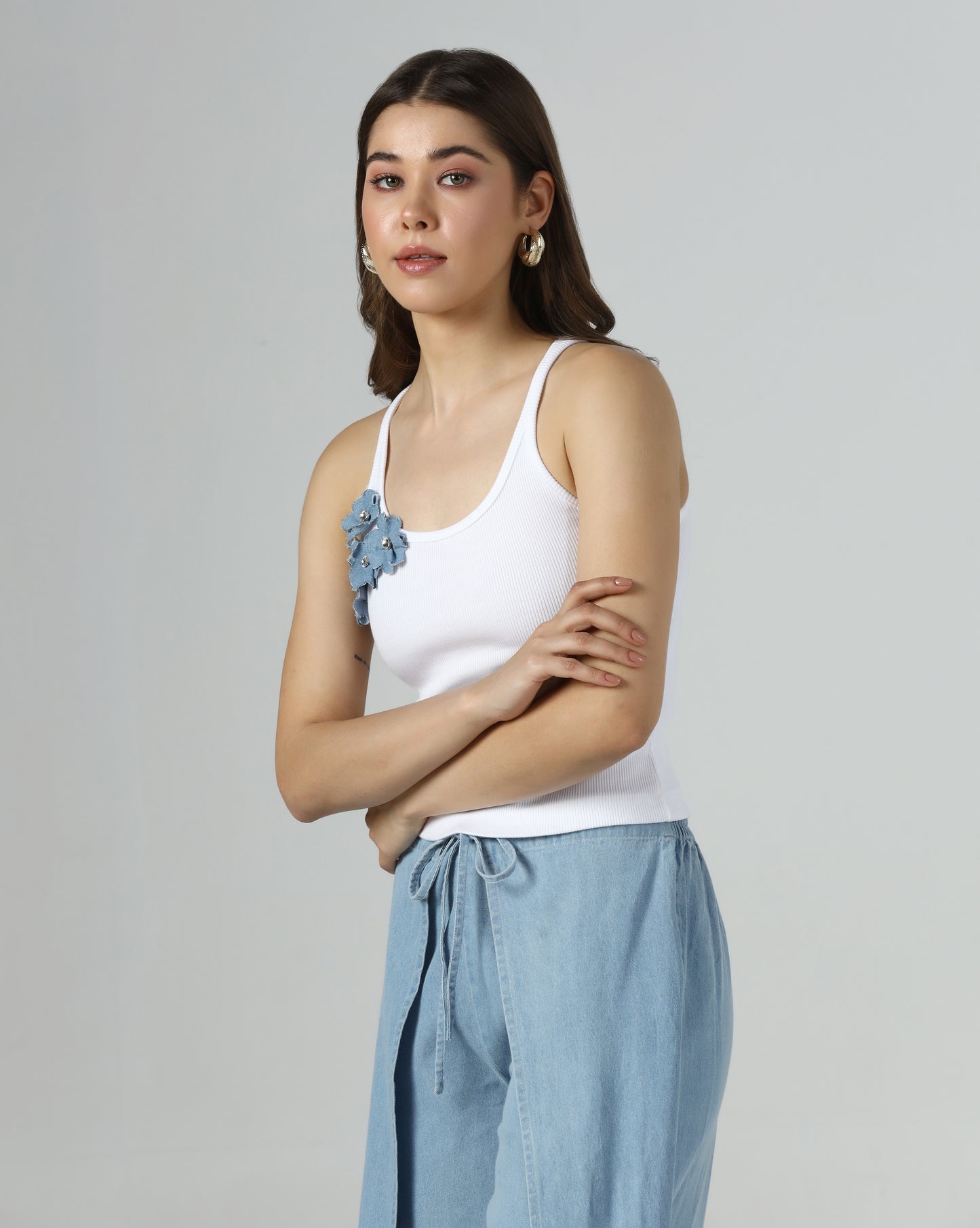 Denim Floral Detail Rib Tank