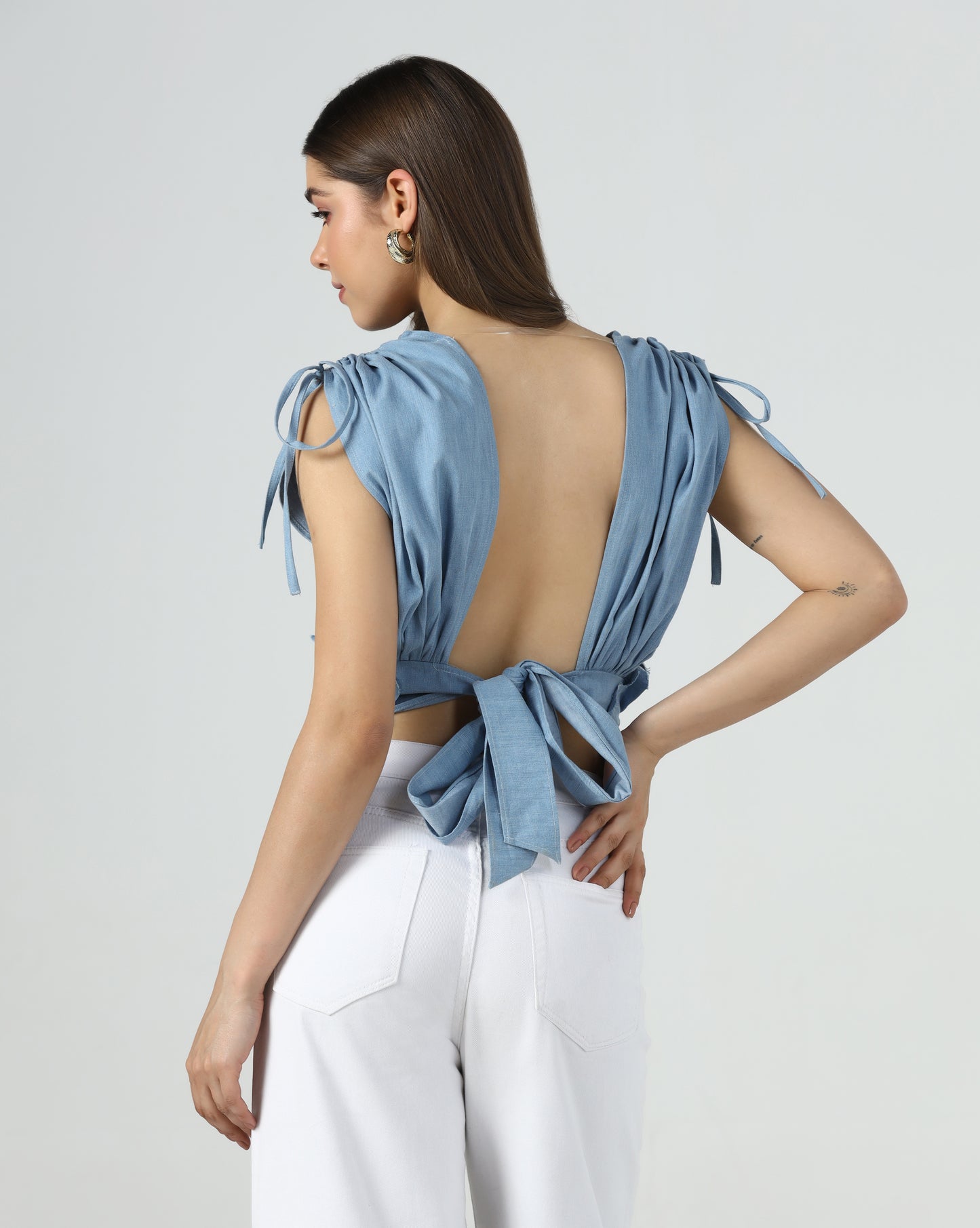 Denim Petal Tie Shoulder Top