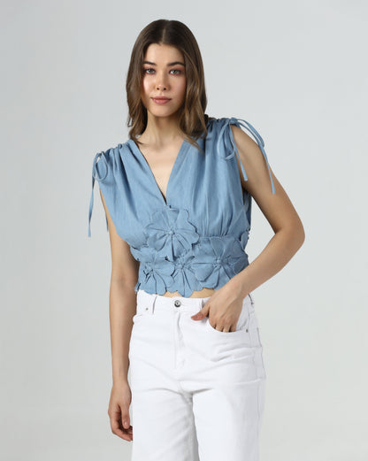 Denim Petal Tie Shoulder Top