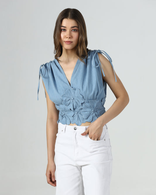 Denim Petal Tie Shoulder Top