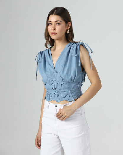 Denim Petal Tie Shoulder Top