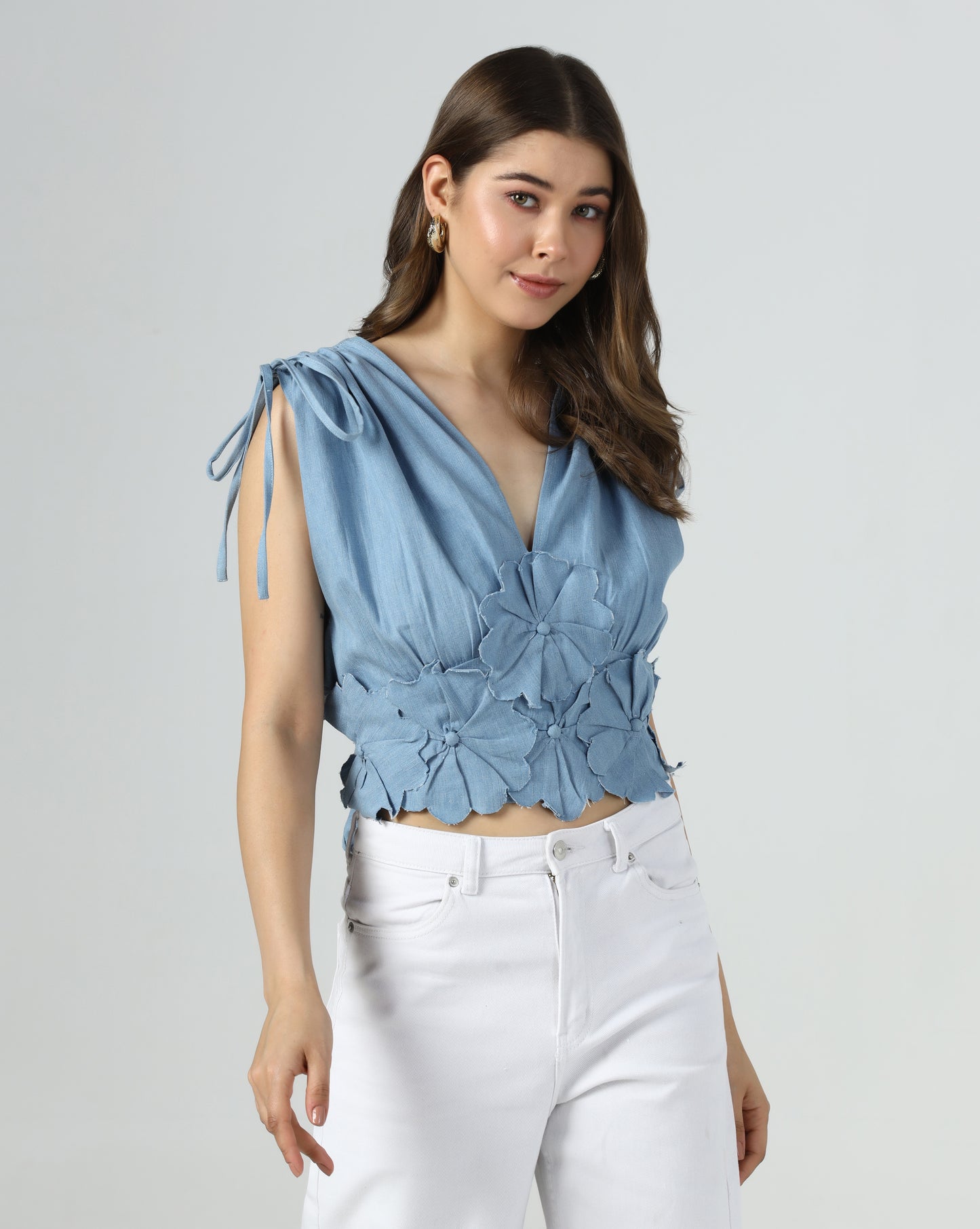 Denim Petal Tie Shoulder Top