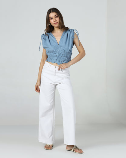 Denim Petal Tie Shoulder Top