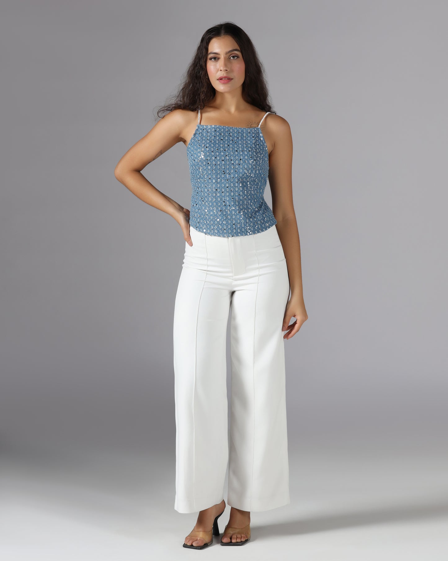 Sequin denim lace up top