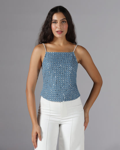 Sequin denim lace up top