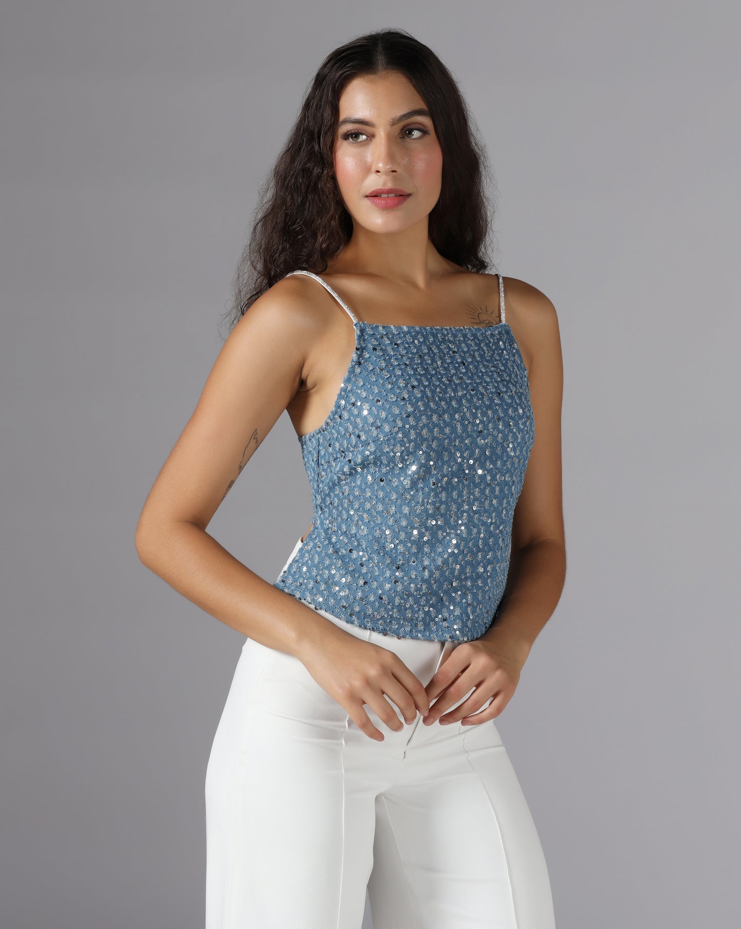 Sequin denim lace up top