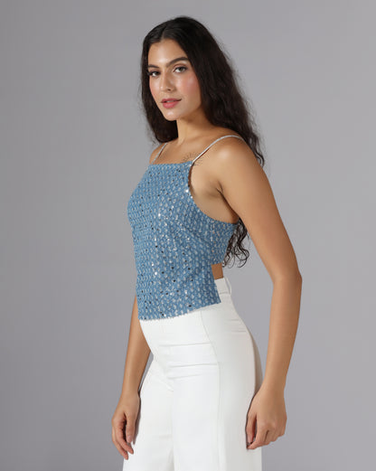 Sequin denim lace up top