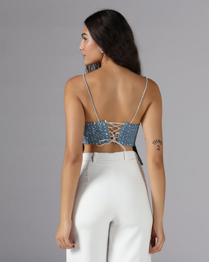 Sequin denim lace up top