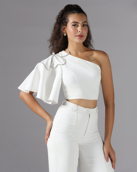 Pearl petal one-shoulder top