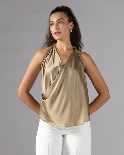 Champagne gold satin wrap top