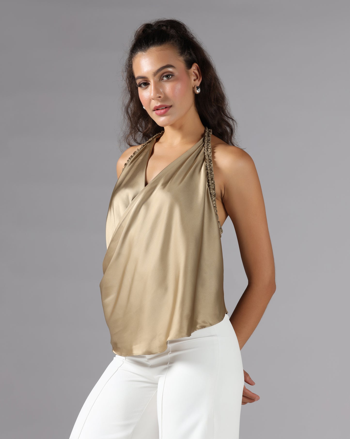 Champagne gold satin wrap top
