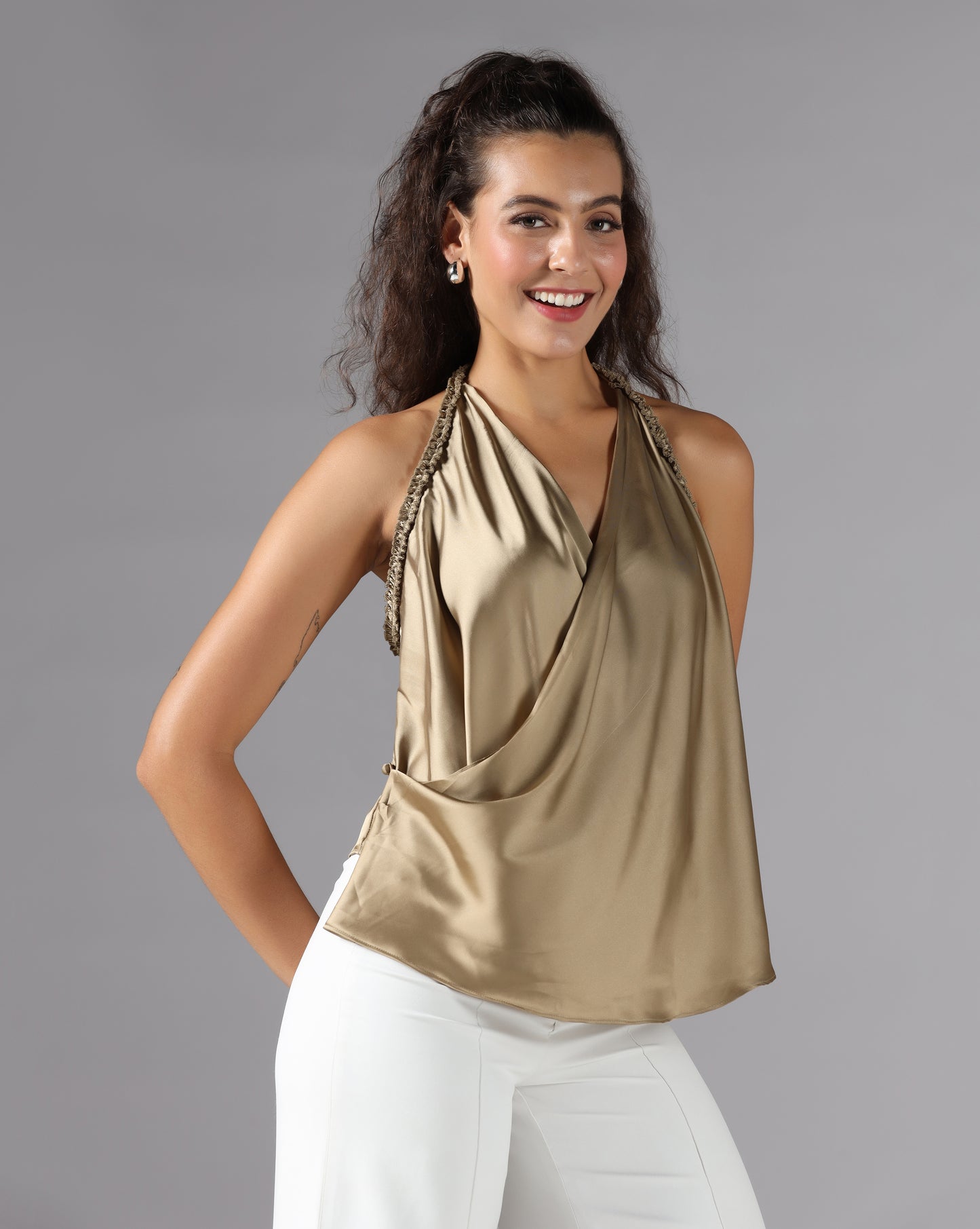 Champagne gold satin wrap top