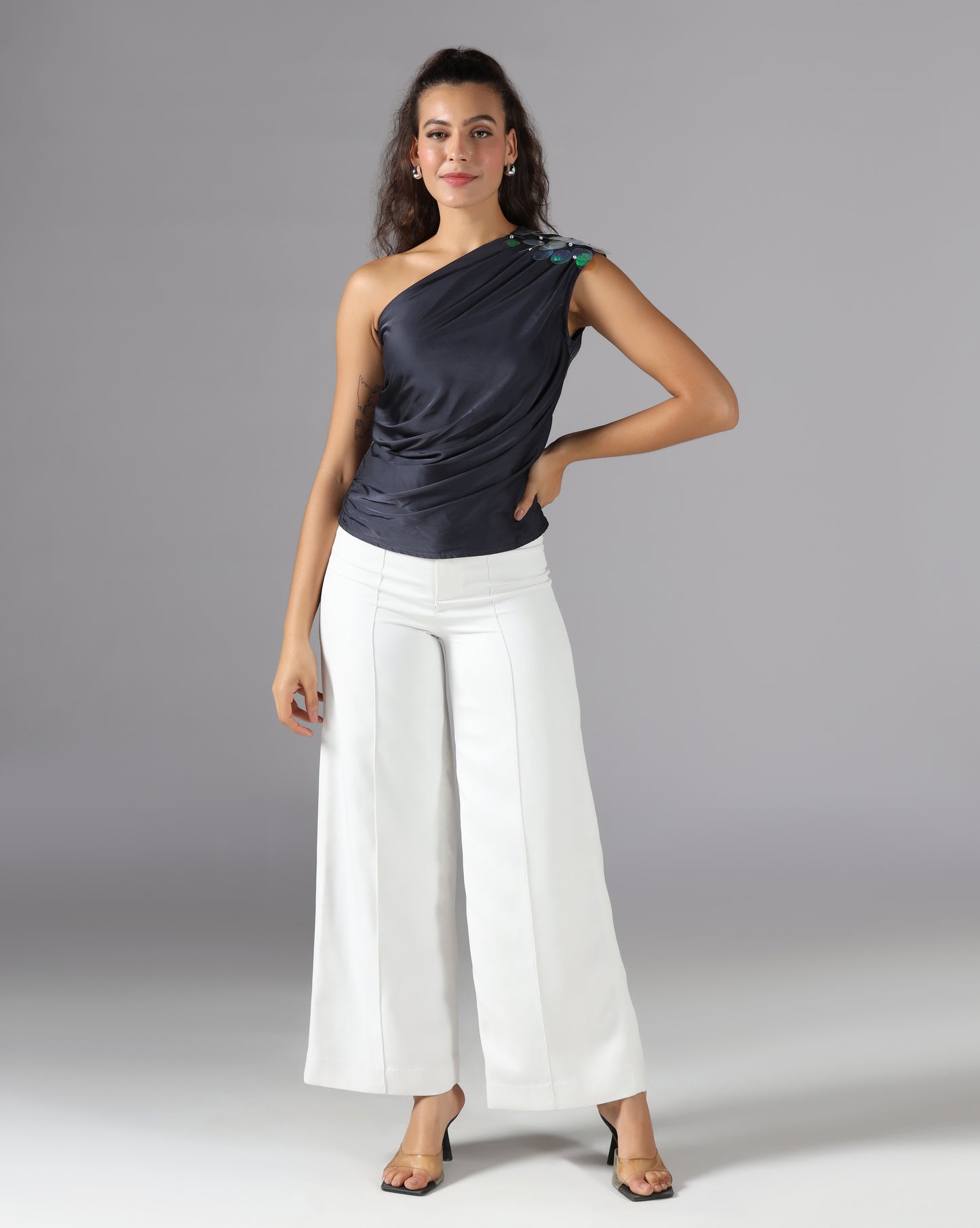 Midnight blue drape one-shoulder top