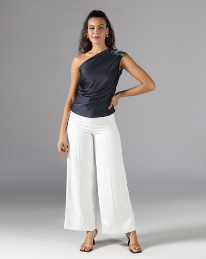 Midnight blue drape one-shoulder top