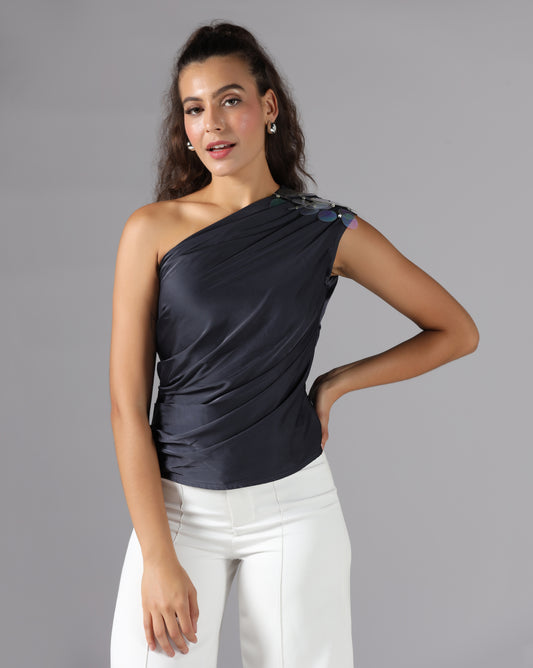 Midnight blue drape one-shoulder top
