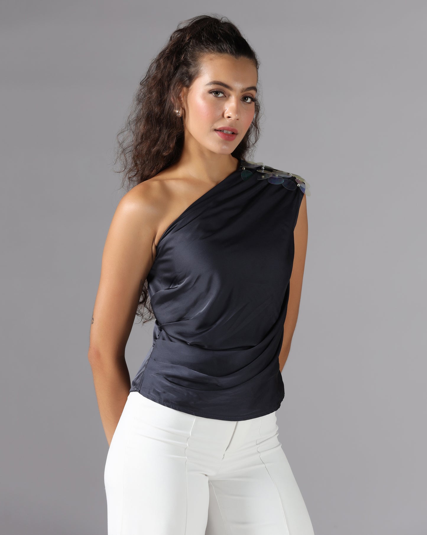 Midnight blue drape one-shoulder top