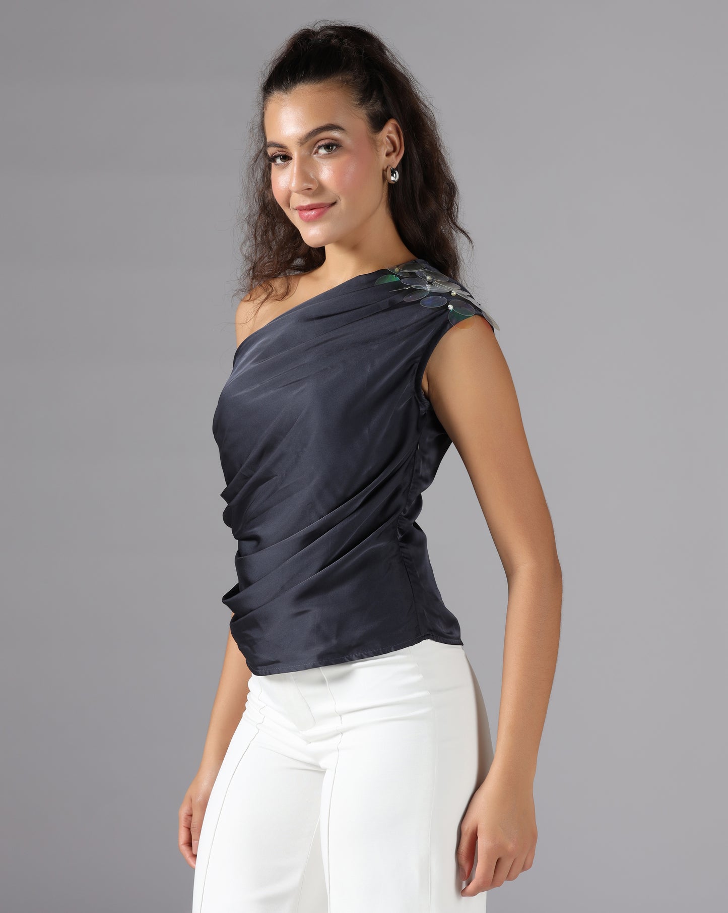 Midnight blue drape one-shoulder top
