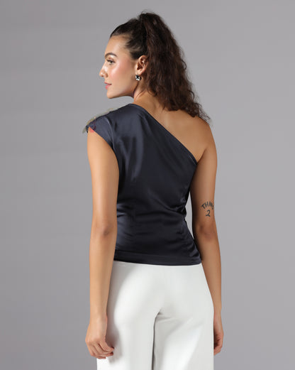 Midnight blue drape one-shoulder top