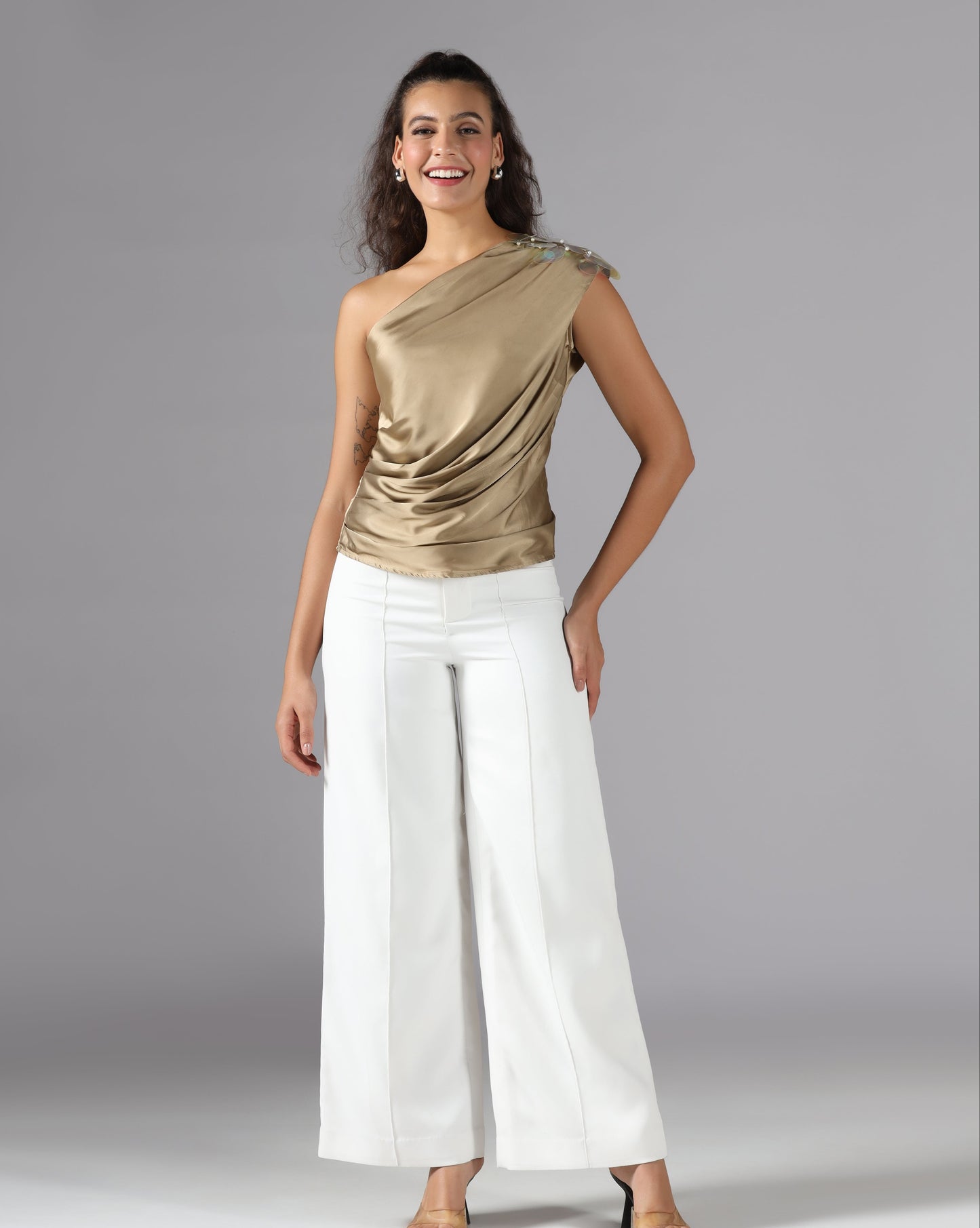 Champagne gold drape one-shoulder top