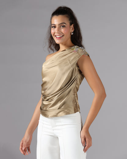 Champagne gold drape one-shoulder top